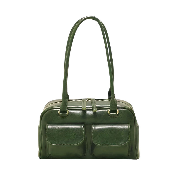 Sac à main bowling en cuir vert foncé avec deux poignées et deux poches avant à rabat., 46193871290592,46193871323360,46193871356128,46193871388896