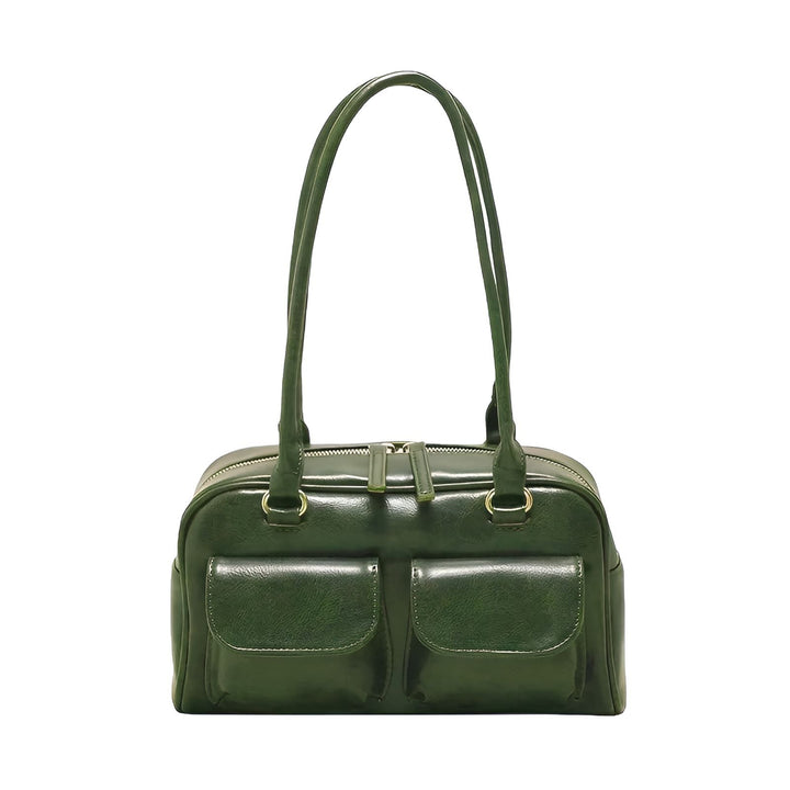 Sac à main bowling en cuir vert foncé avec deux poignées et deux poches avant à rabat., 46193871290592,46193871323360,46193871356128,46193871388896
