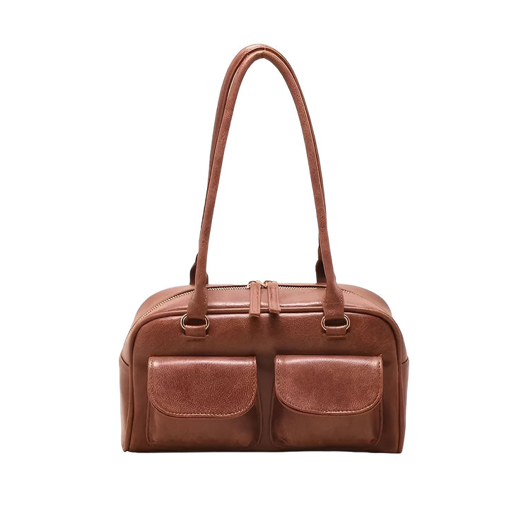 Sac à main marron style Boston avec double poignée, fermeture éclair et deux poches avant., 46193871290592,46193871323360,46193871356128,46193871388896