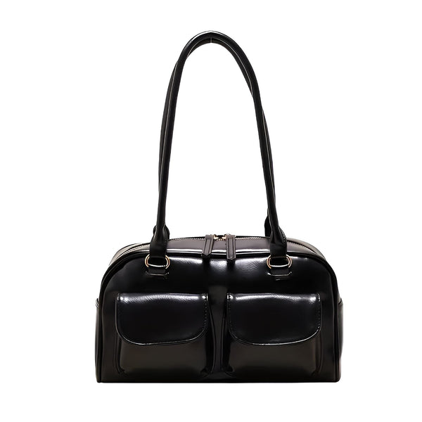 Sac à main noir brillant avec deux poches avant et poignées., 46193871290592,46193871323360,46193871356128,46193871388896