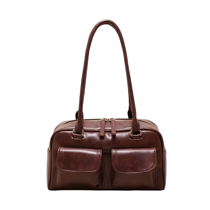 Sac à main marron en cuir avec deux poches frontales, 46193871290592,46193871323360,46193871356128,46193871388896
