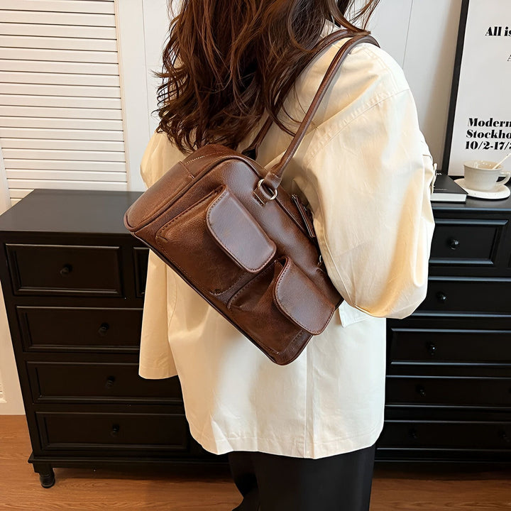 Sac bandoulière en cuir marron avec poches frontales, 46193871290592,46193871323360,46193871356128,46193871388896