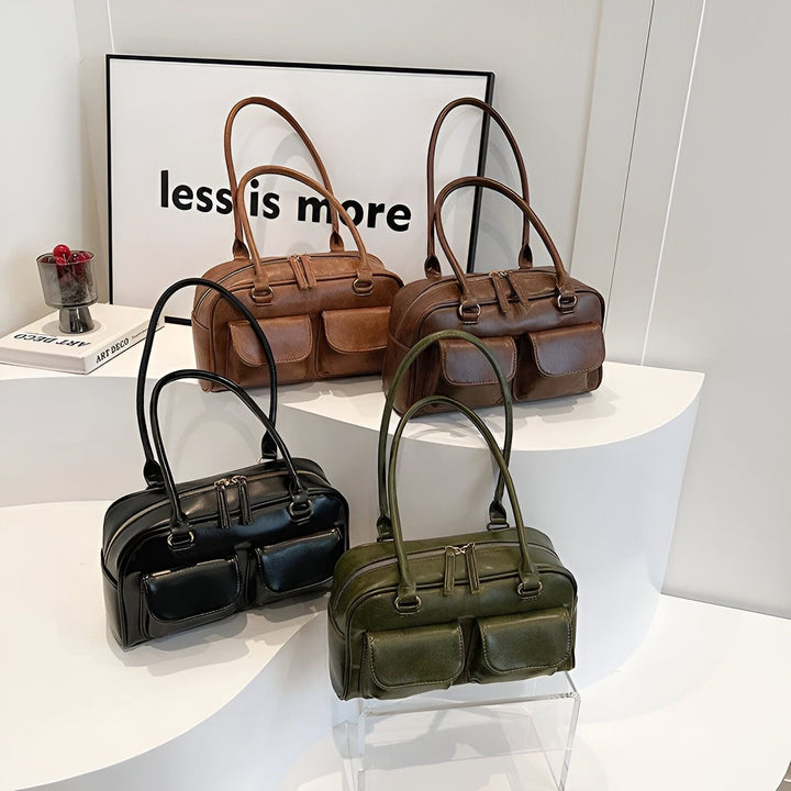 Plusieurs sacs à main rectangulaires en cuir marron, noir et vert avec poches sur fond blanc., 46193871290592,46193871323360,46193871356128,46193871388896