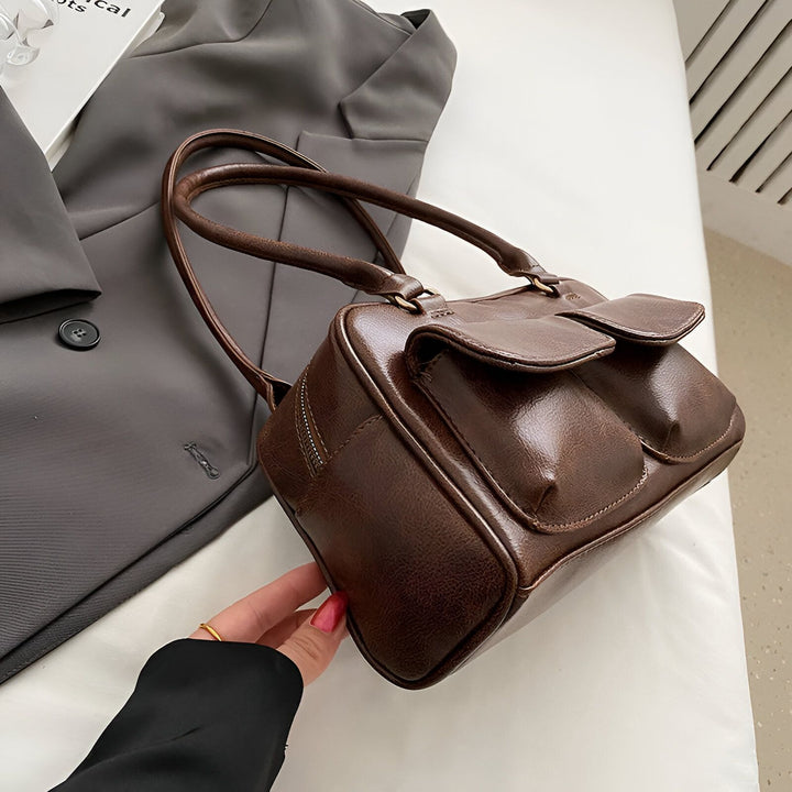 Petit sac à main marron imitation cuir avec anses, poches à rabats et fermeture éclair latérale, 46193871290592,46193871323360,46193871356128,46193871388896