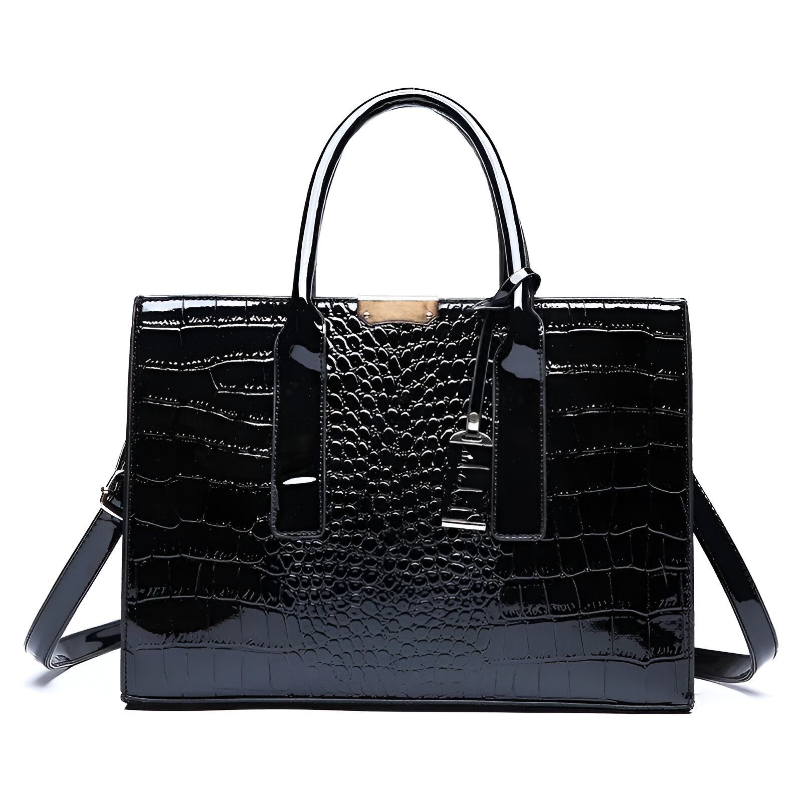 Sac à main noir en cuir verni avec un motif croco.