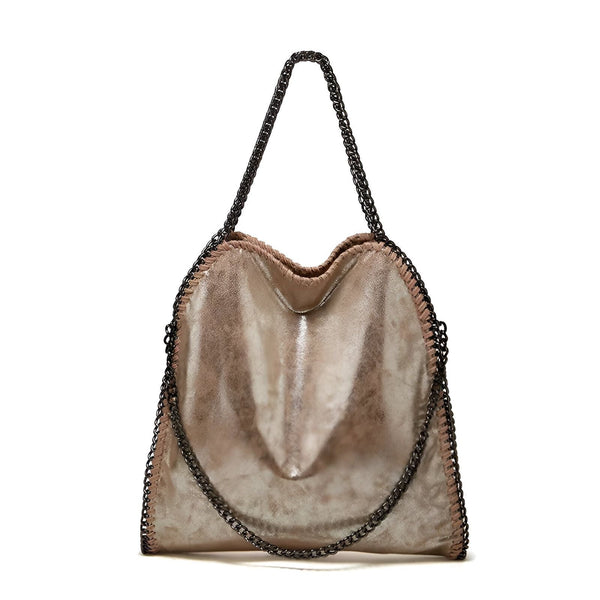 Sac fourre-tout texturé doré métallique avec chaînes foncées bordant le sac et formant les anses., 46193949245664,46193949278432,46193949311200
