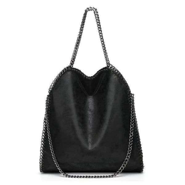 Sac noir texturé avec anses et bordures en chaînes argentées., 46193949245664,46193949278432,46193949311200