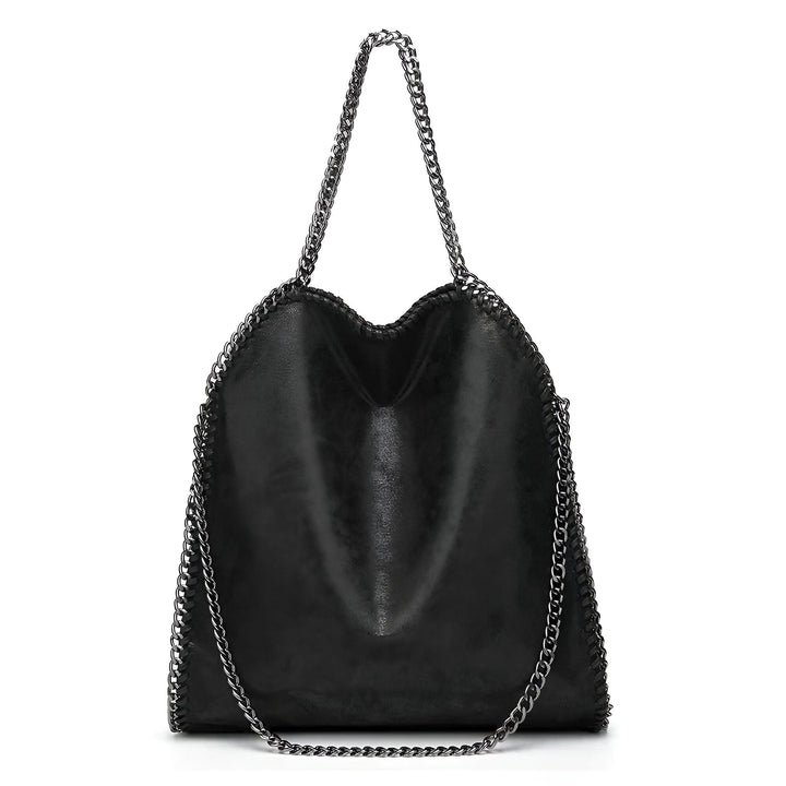 Sac noir texturé avec anses et bordures en chaînes argentées., 46193949245664,46193949278432,46193949311200