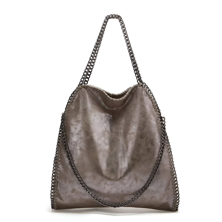 Sac cabas gris avec chaînes foncées comme anses et sur les bordures., 46193949245664,46193949278432,46193949311200