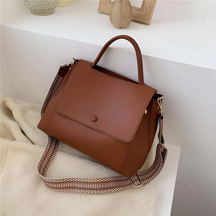 Sac à main marron en similicuir avec anse et bandoulière en tissu à motif., 46193884102880,46193884135648,46193884168416,46193884201184