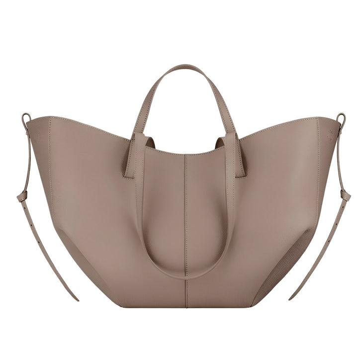 Sac fourre-tout en cuir beige avec anses et bandoulière réglable., 46193882726624,46193882759392,46193882792160,46193882824928