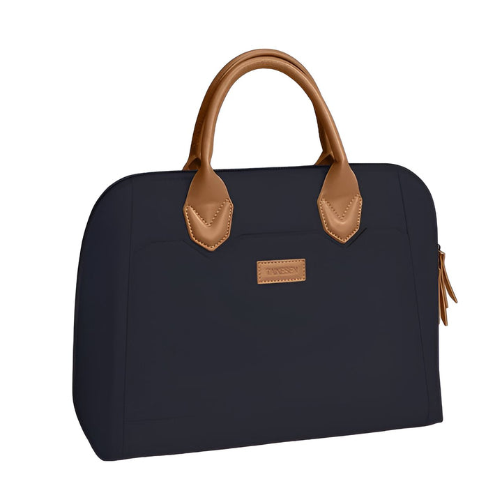 Sac bleu marine avec poignées et détails marron, 46193951211744,46193951244512,46193951277280,46193951310048,46193951342816,46193951375584