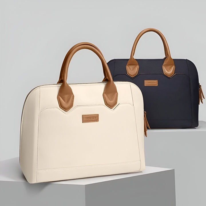 Deux sacs à main femme, un crème et un bleu marine avec poignées marron., 46193951211744,46193951244512,46193951277280,46193951310048,46193951342816,46193951375584