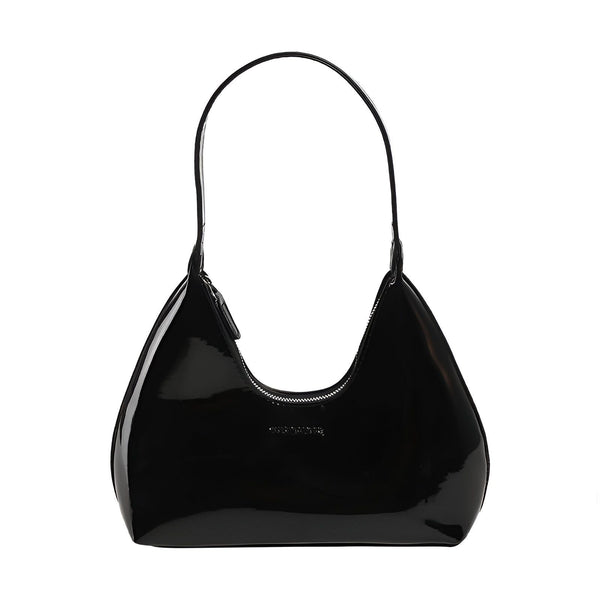 Sac à l'épaule noir verni forme croissant avec fermeture éclair, 46193869619424,46193869652192,46193869684960,46193869717728,46193869750496