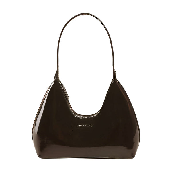 Sac à main marron foncé brillant de forme courbe, 46193869619424,46193869652192,46193869684960,46193869717728,46193869750496