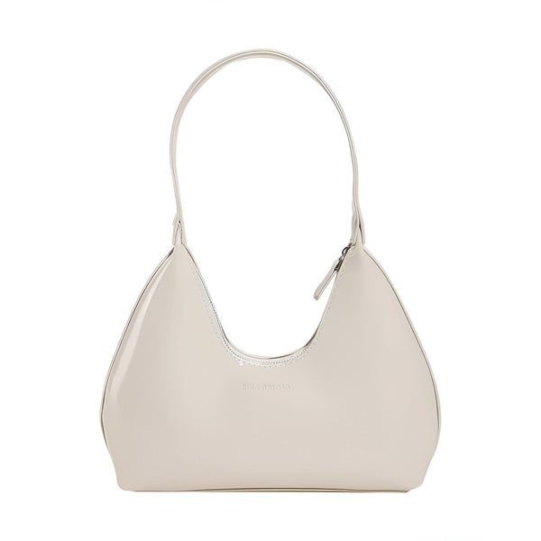 Sac à main beige clair brillant de forme courbée avec anse unique., 46193869619424,46193869652192,46193869684960,46193869717728,46193869750496