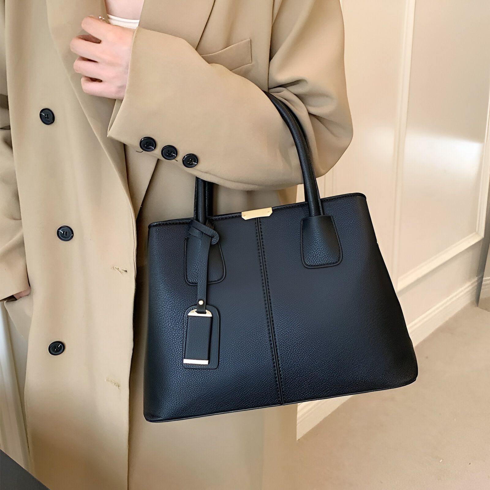 Un sac à main noir en cuir porté par une femme portant un manteau beige.