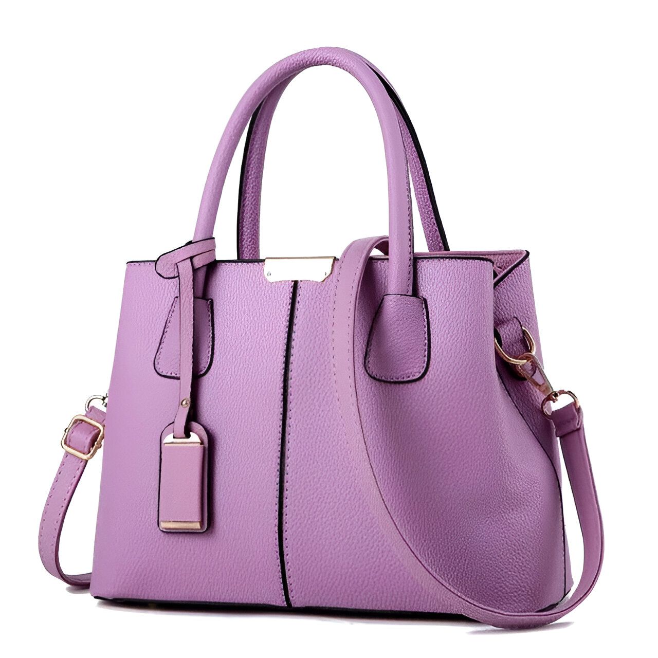 Sac à main violet en cuir avec une bandoulière.