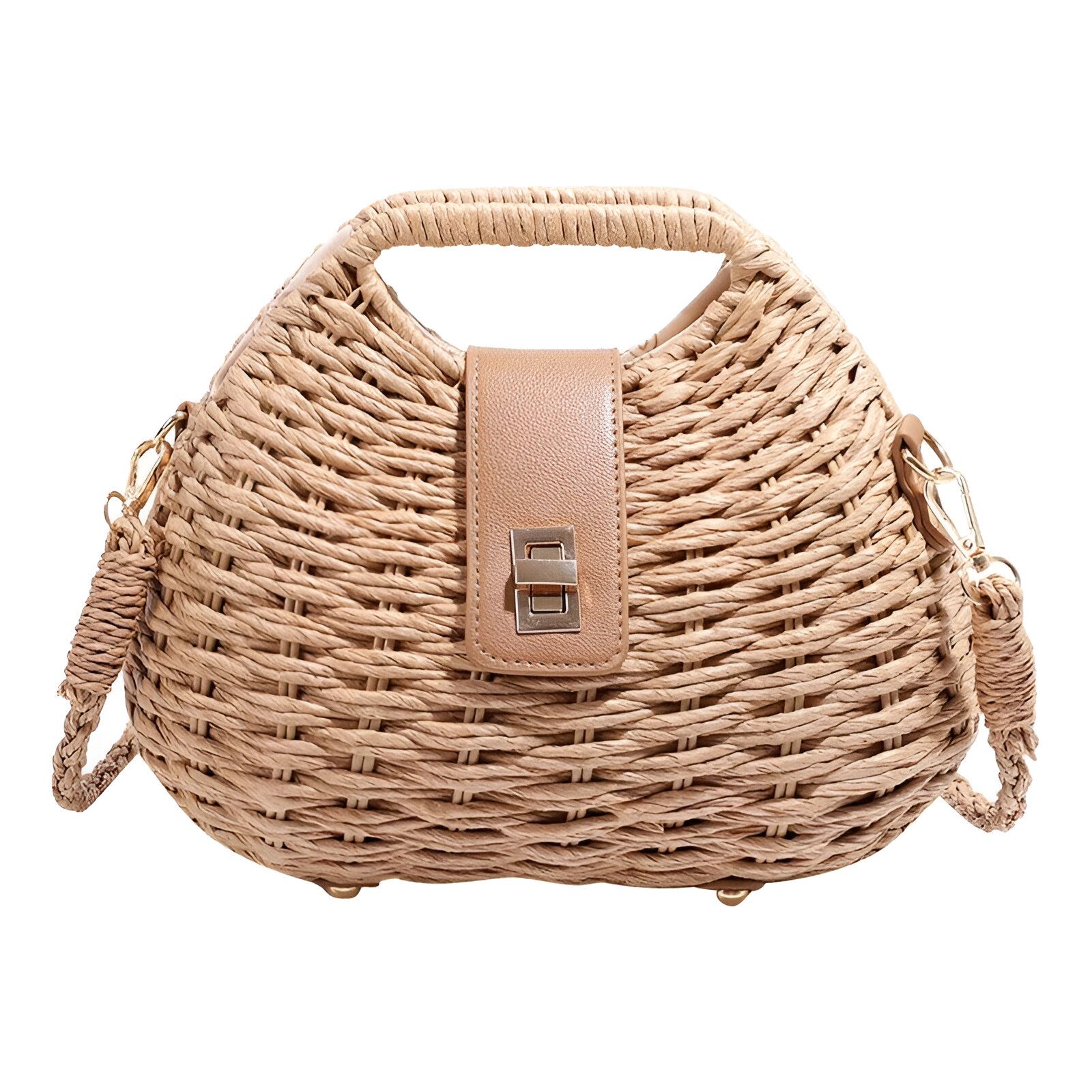 Sac à main en paille beige avec une fermeture à boucle dorée.