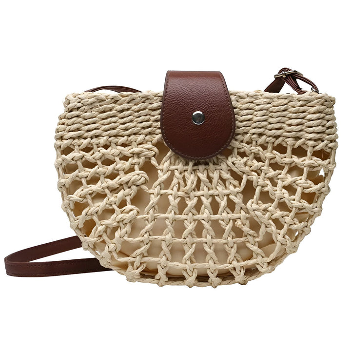 Sac beige en paille tressée ajourée avec bandoulière marron, 46194029265120,46194029297888
