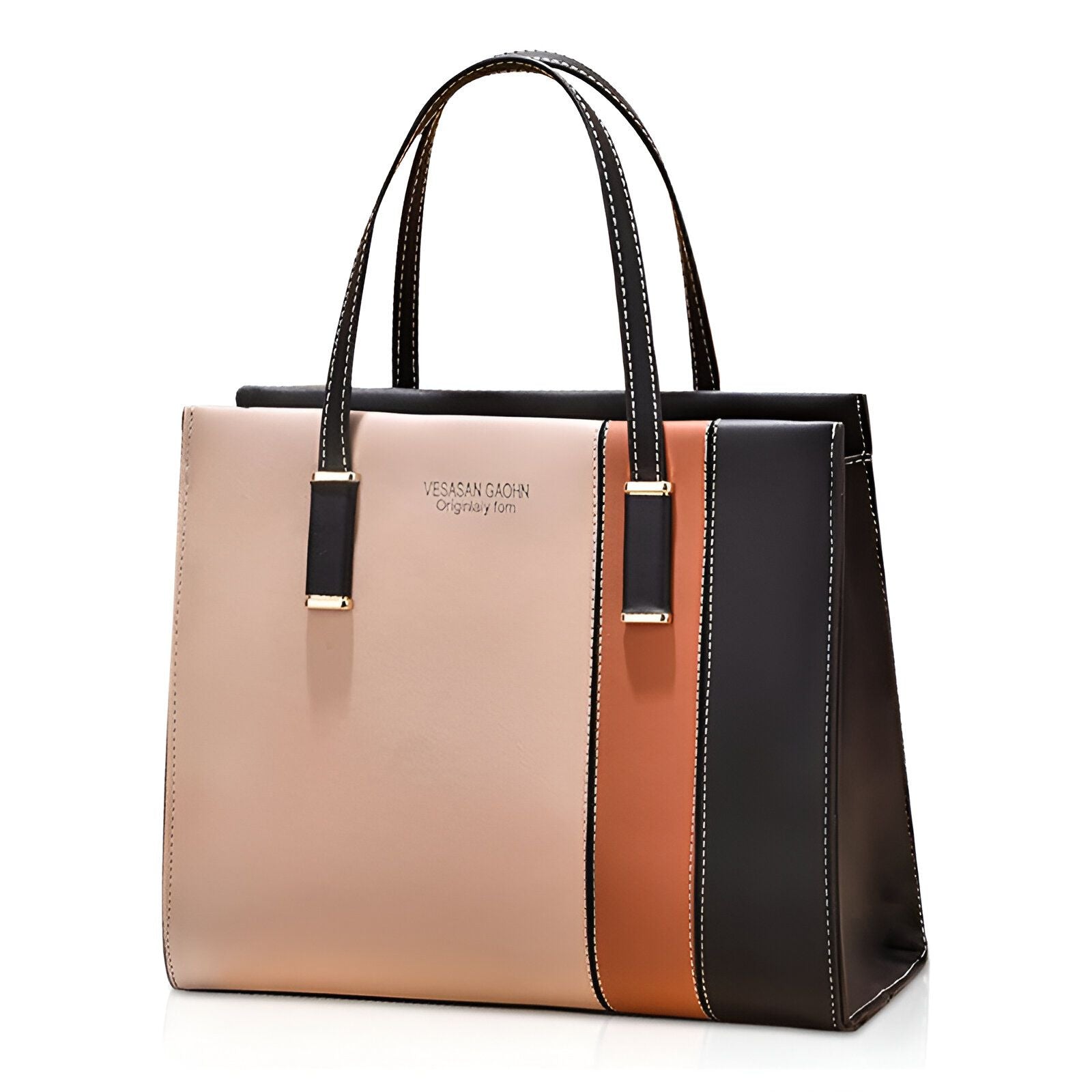 Sac à main en cuir noir, beige et orange avec des poignées en cuir et une fermeture à glissière. Le sac porte le logo "Vesasan Gaoin, Originally form".