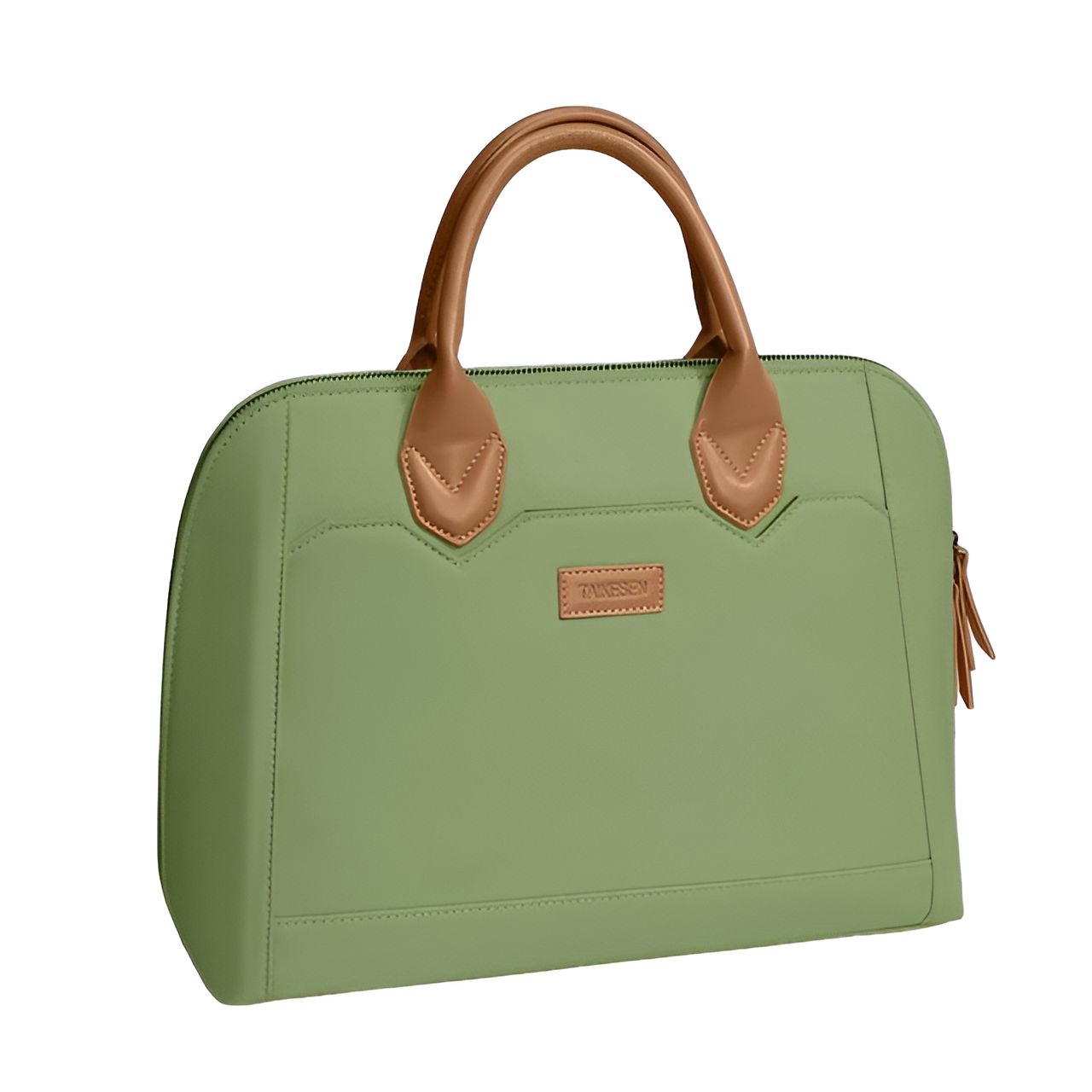 Sac à main vert avec des poignées brunes et une fermeture éclair. La marque Tassen est visible sur le sac.