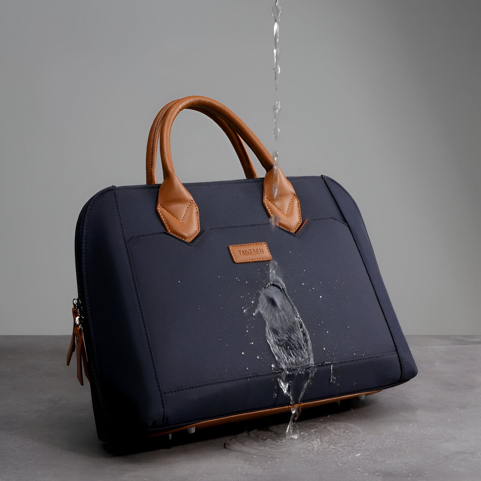 Sac à main bleu foncé avec des accents en cuir marron, l'eau coule sur le sac pour montrer qu'il est imperméable.