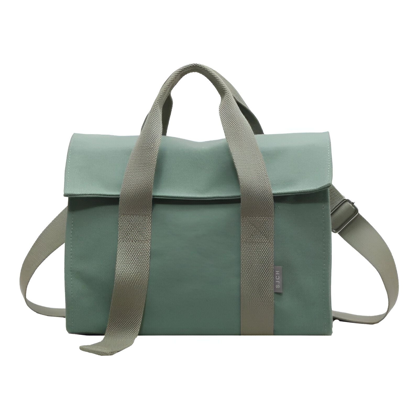 Sac à main en toile vert avec des poignées et une bandoulière en toile beige.  Le sac est marqué "SUCH".