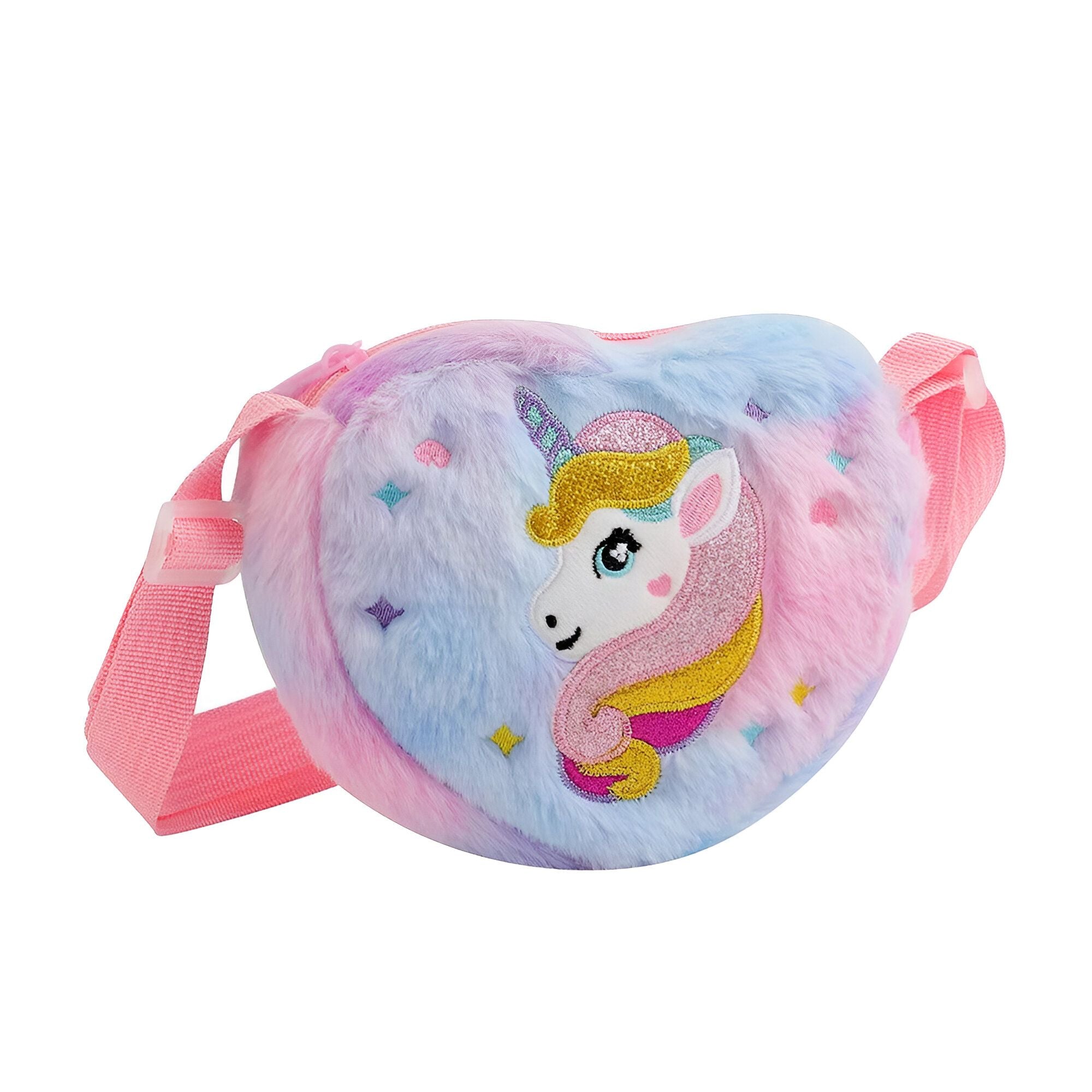 Petit sac à main en forme de cœur en fourrure bleu et rose avec une licorne brodée.