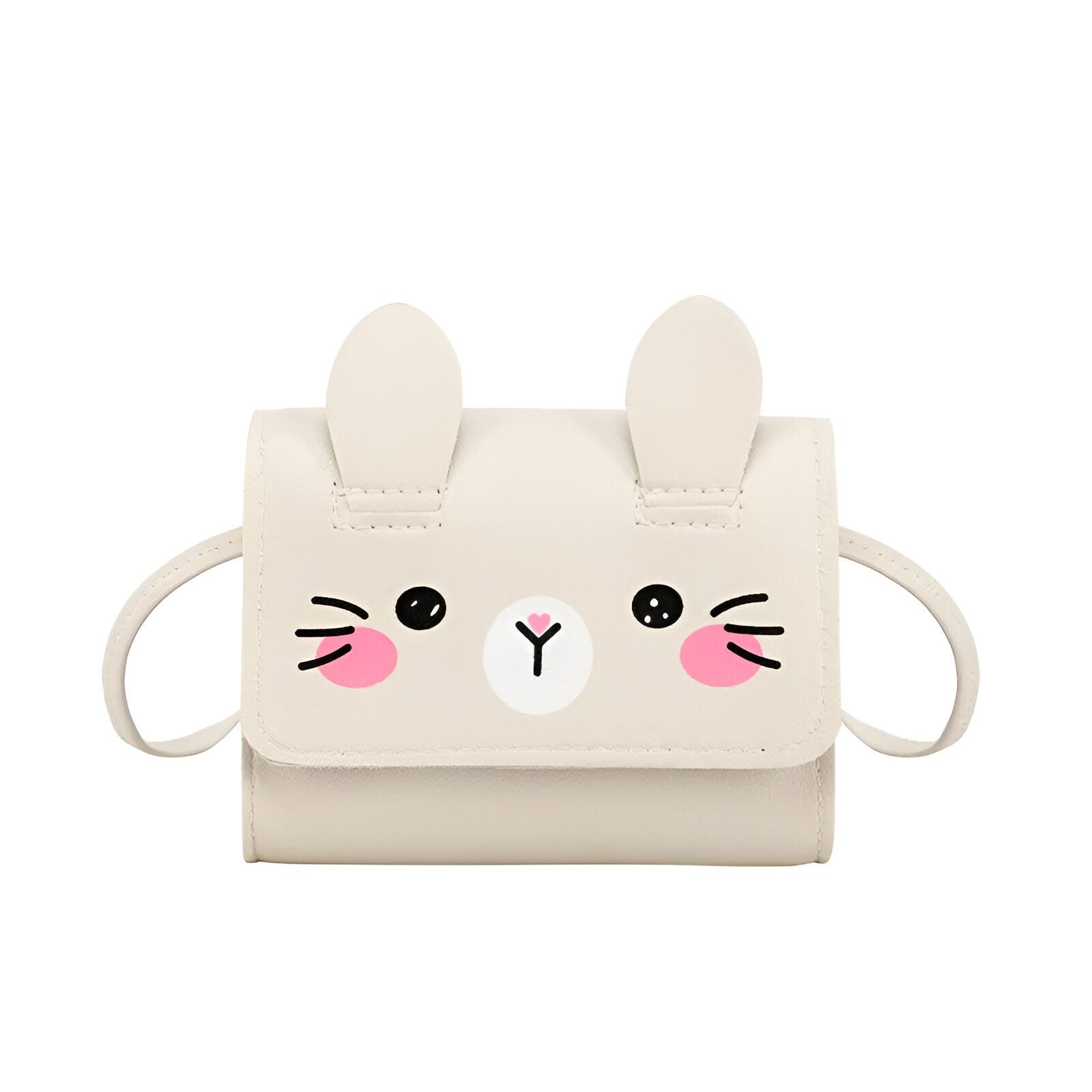 Petit sac à main beige en forme de lapin avec des oreilles et un visage.