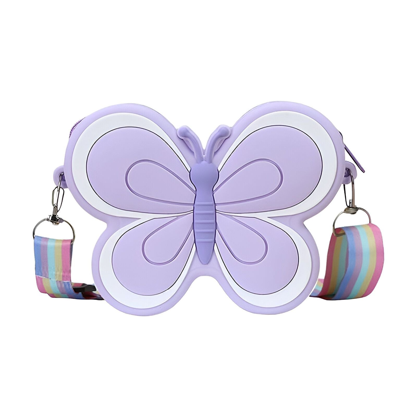 Un sac à main en forme de papillon violet avec une bandoulière arc-en-ciel.