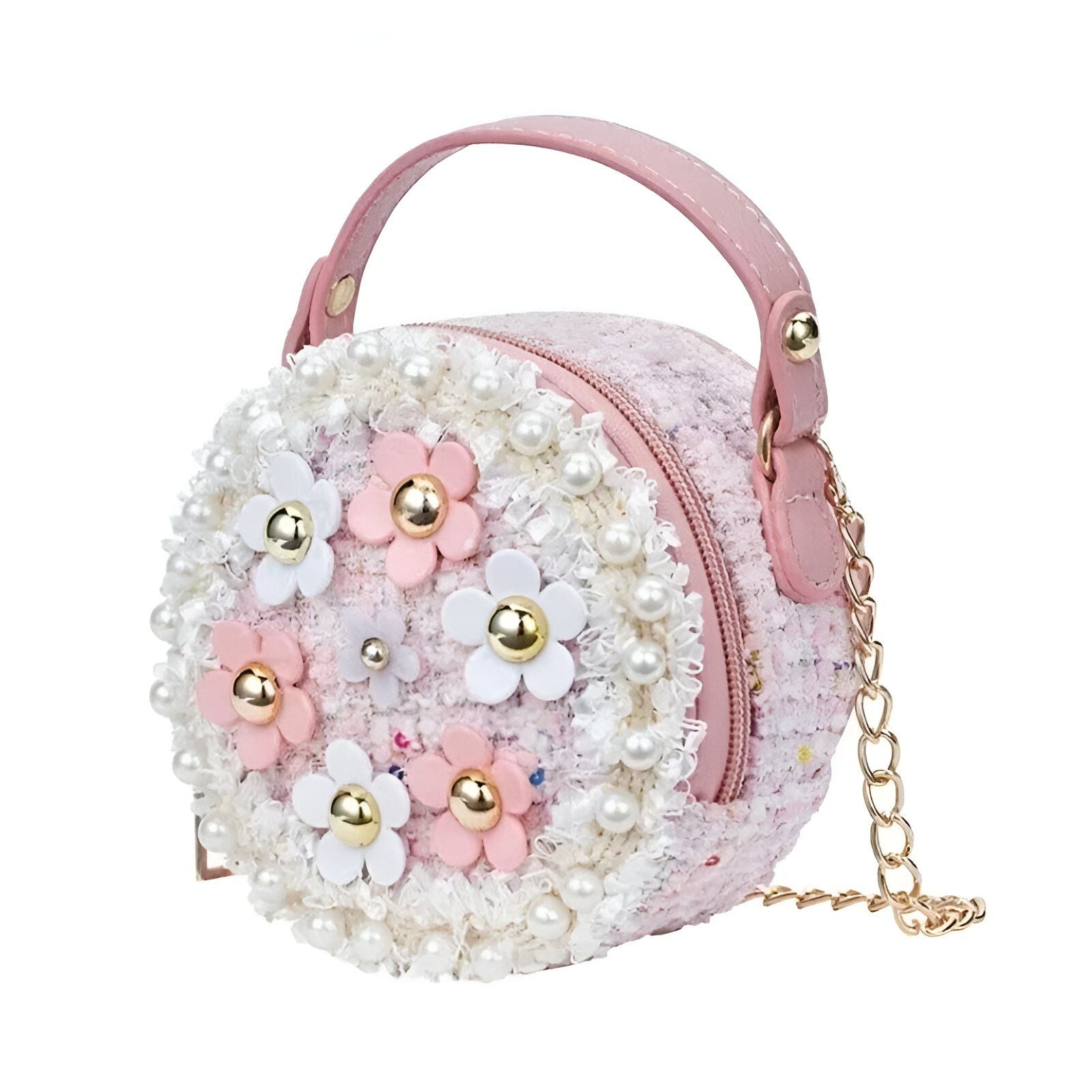 Petit sac à main rond rose avec des fleurs et des perles.