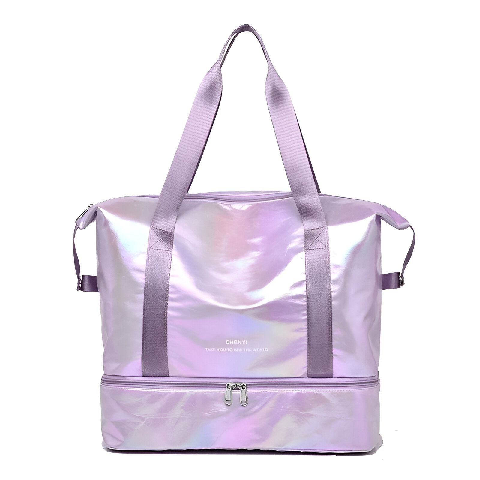 Sac de voyage violet irisé avec une inscription "CHENYI TAKE YOU TO SEE THE WORLD"