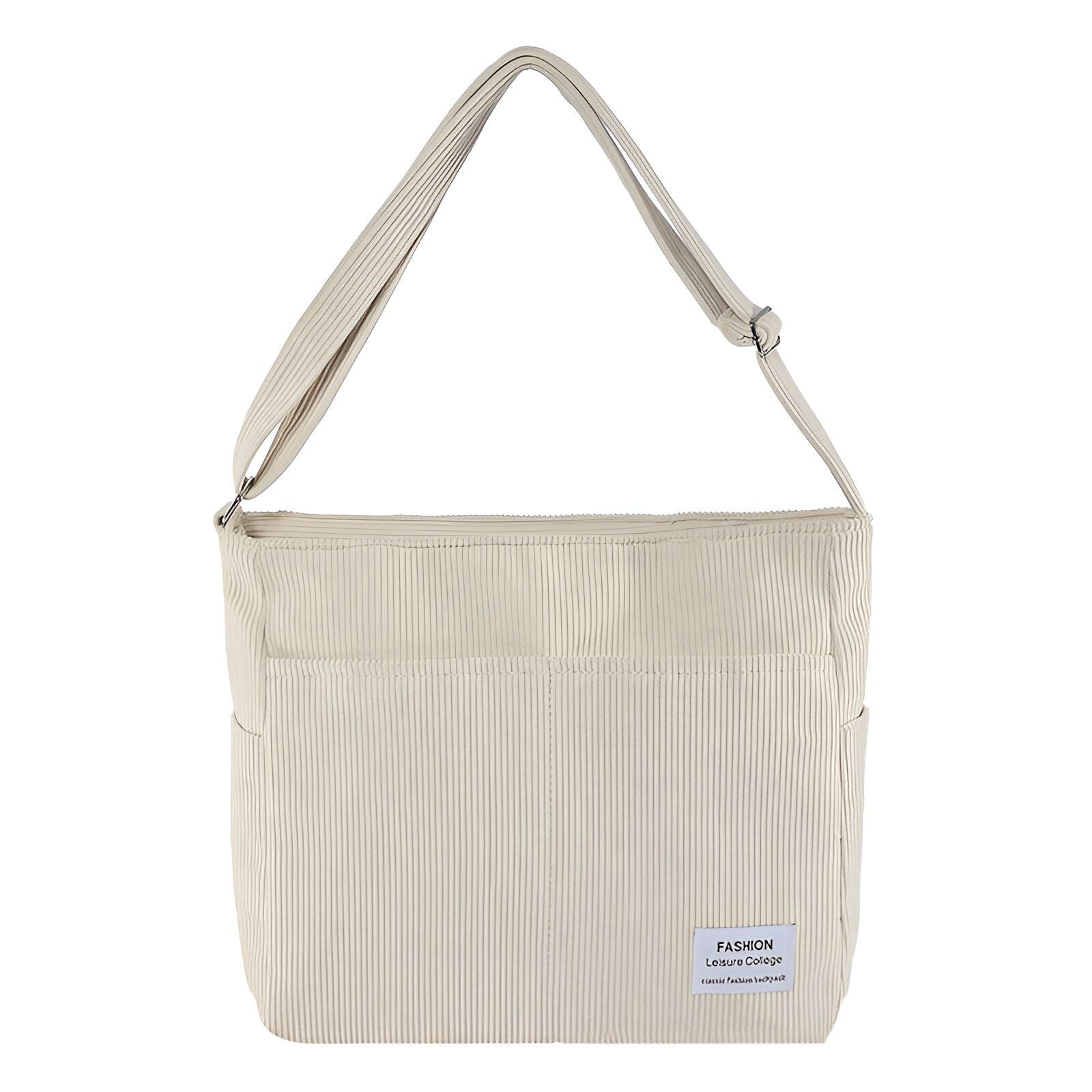 Sac à bandoulière en velours côtelé beige clair avec une étiquette "Fashion Leisure College".