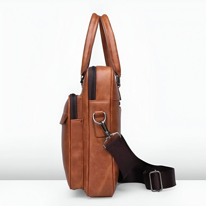 Mallette marron en cuir avec poignées, bandoulière et fermetures éclair., 46194060132576,46194060165344,46194060198112