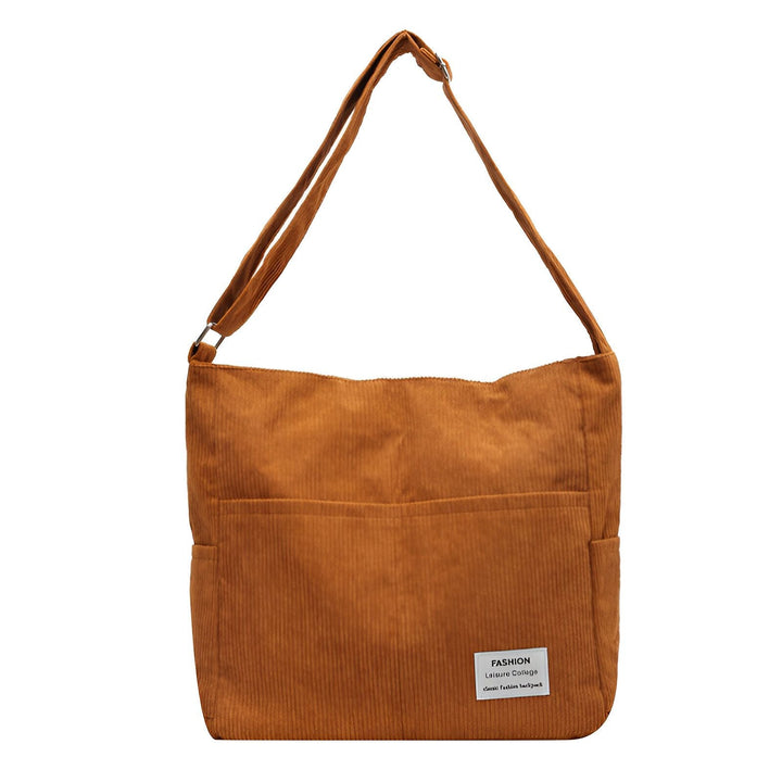 Sac à épaule marron en velours côtelé avec poche avant., 46193875124448,46193875157216,46193875189984,46193875222752,46193875255520