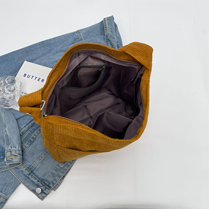 Sac bandoulière ouvert en velours côtelé jaune moutarde, intérieur avec poches., 46193875124448,46193875157216,46193875189984,46193875222752,46193875255520