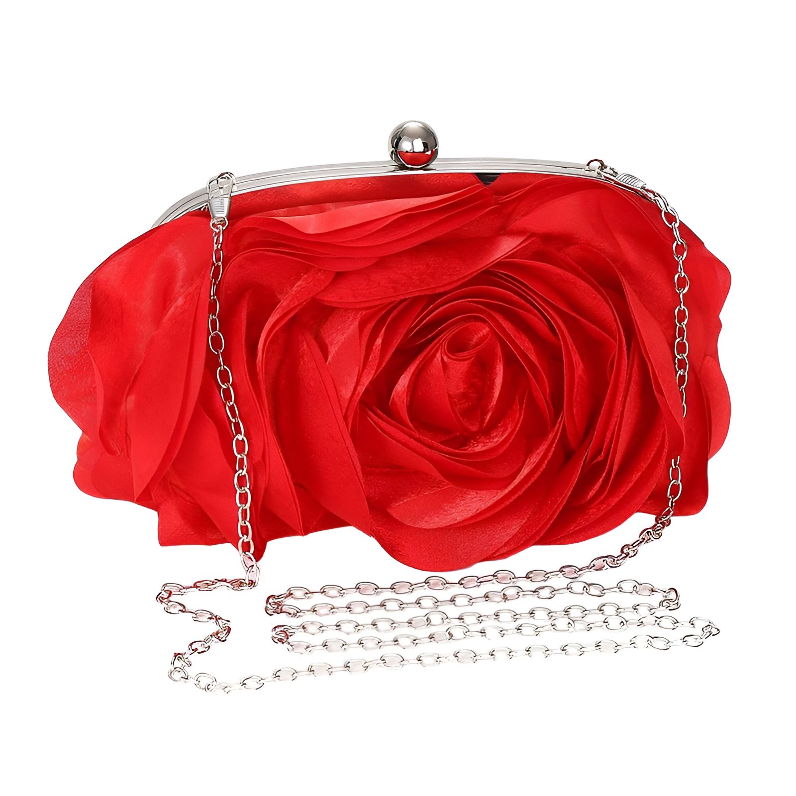 Pochette rouge en forme de rose avec une chaîne en argent.