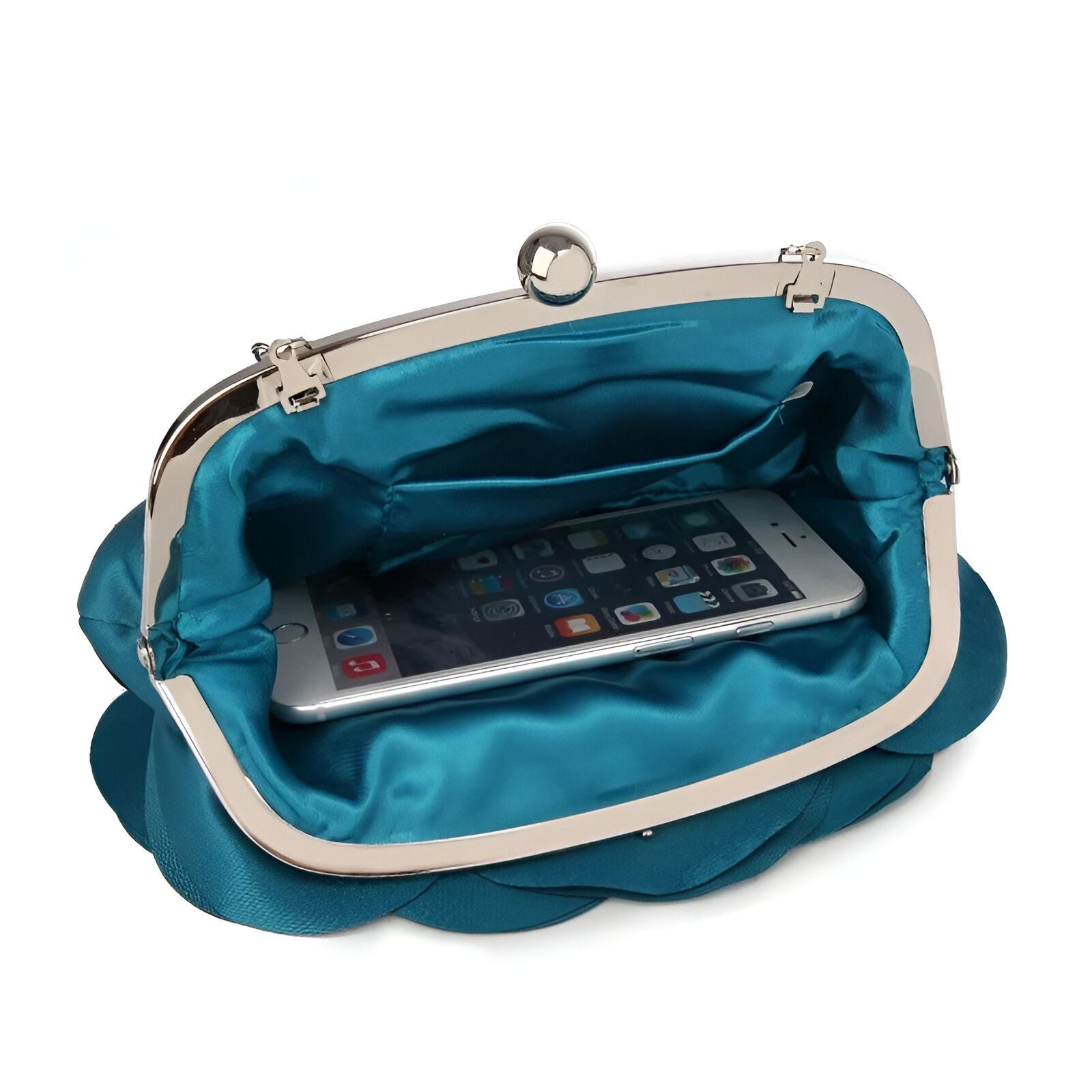 Une pochette turquoise ouverte avec un téléphone intelligent à l'intérieur.