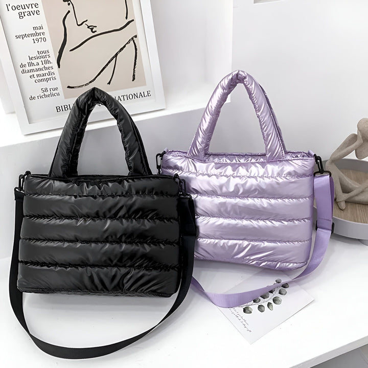 Deux sacs matelassés noir et violet irisé avec poignées et bandoulières., 46193876926688,46193876959456,46193876992224,46193877024992,46193877057760