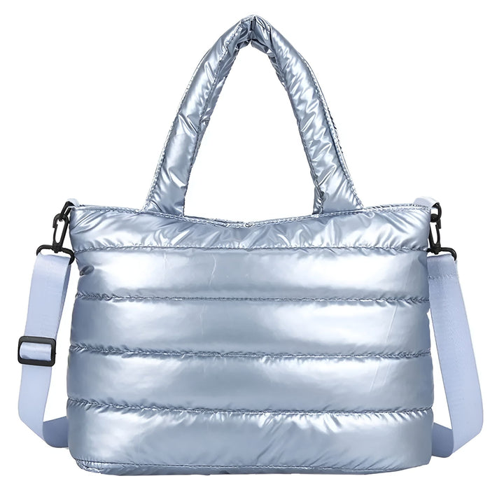 Sac cabas matelassé bleu clair métallisé avec anse et bandoulière., 46193876926688,46193876959456,46193876992224,46193877024992,46193877057760