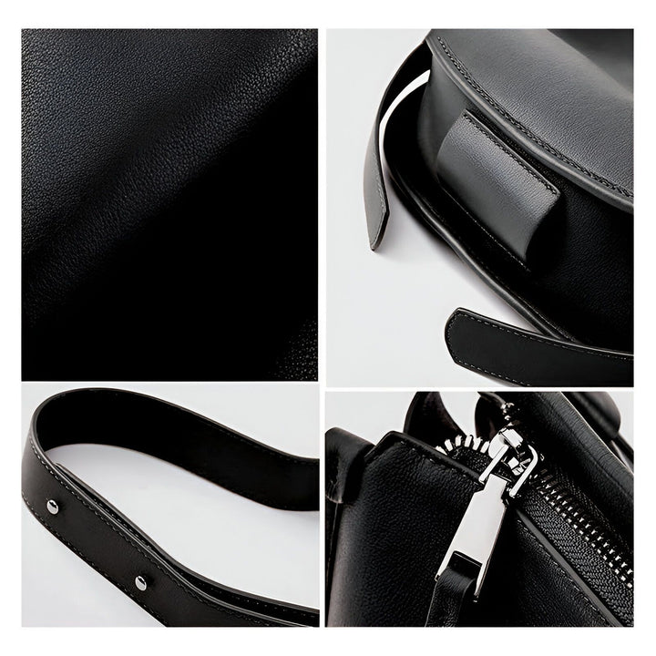 Détails d'un sac en cuir noir : texture, sangle, rabat et zip., 46193866113248