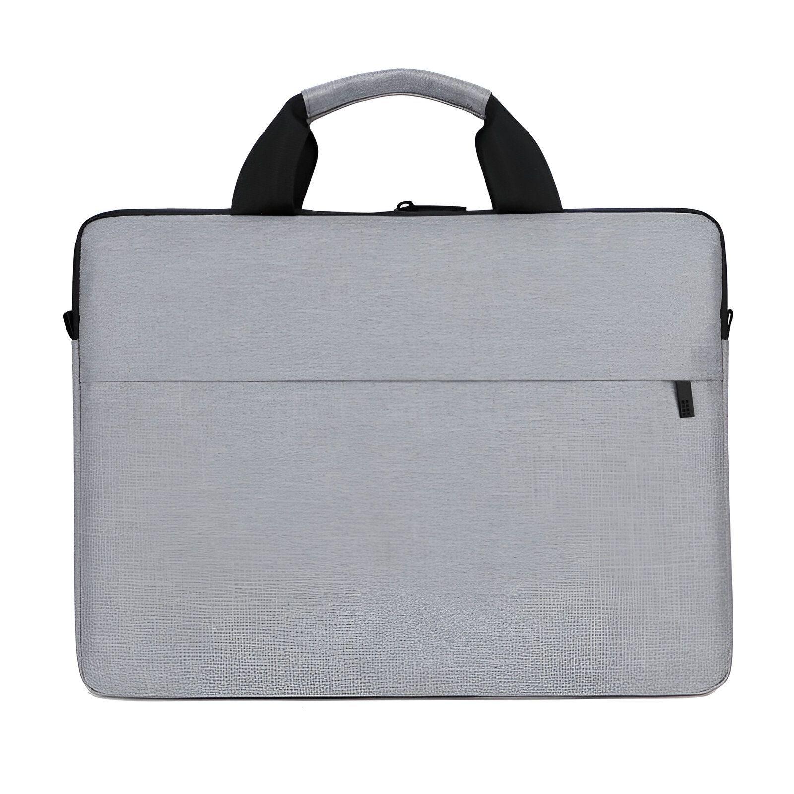 Sac d'ordinateur portable gris avec une poignée noire.