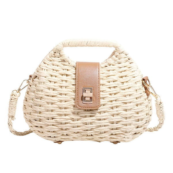 Sac bandoulière en paille beige tressée avec rabat marron clair et fermoir doré., 46193945903328,46193945936096