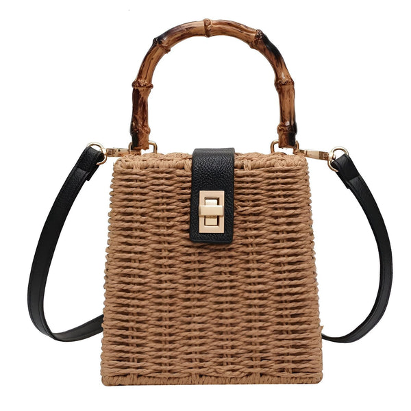 Sac en paille tressée avec anses en bambou, bandoulière noire et fermeture dorée, 46193945510112,46193945542880