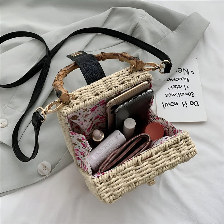 Petit sac carré en paille avec anses en bambou, bandoulière, contenant téléphones, portefeuille et maquillage., 46193945510112,46193945542880