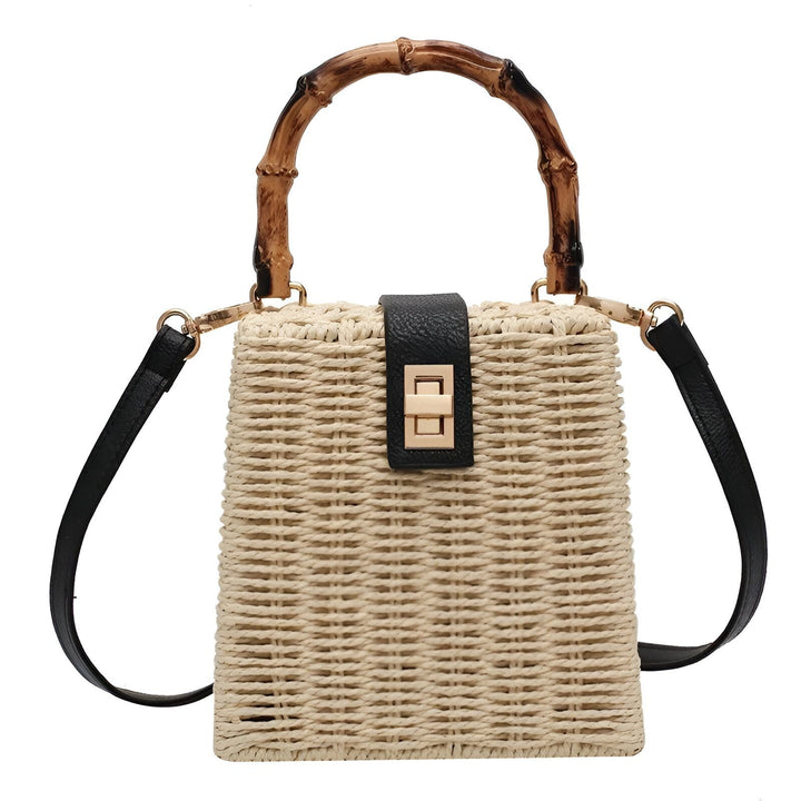 Sac à main rectangulaire en osier tressé, anse bambou, bandoulière cuir noire, fermoir doré., 46193945510112,46193945542880