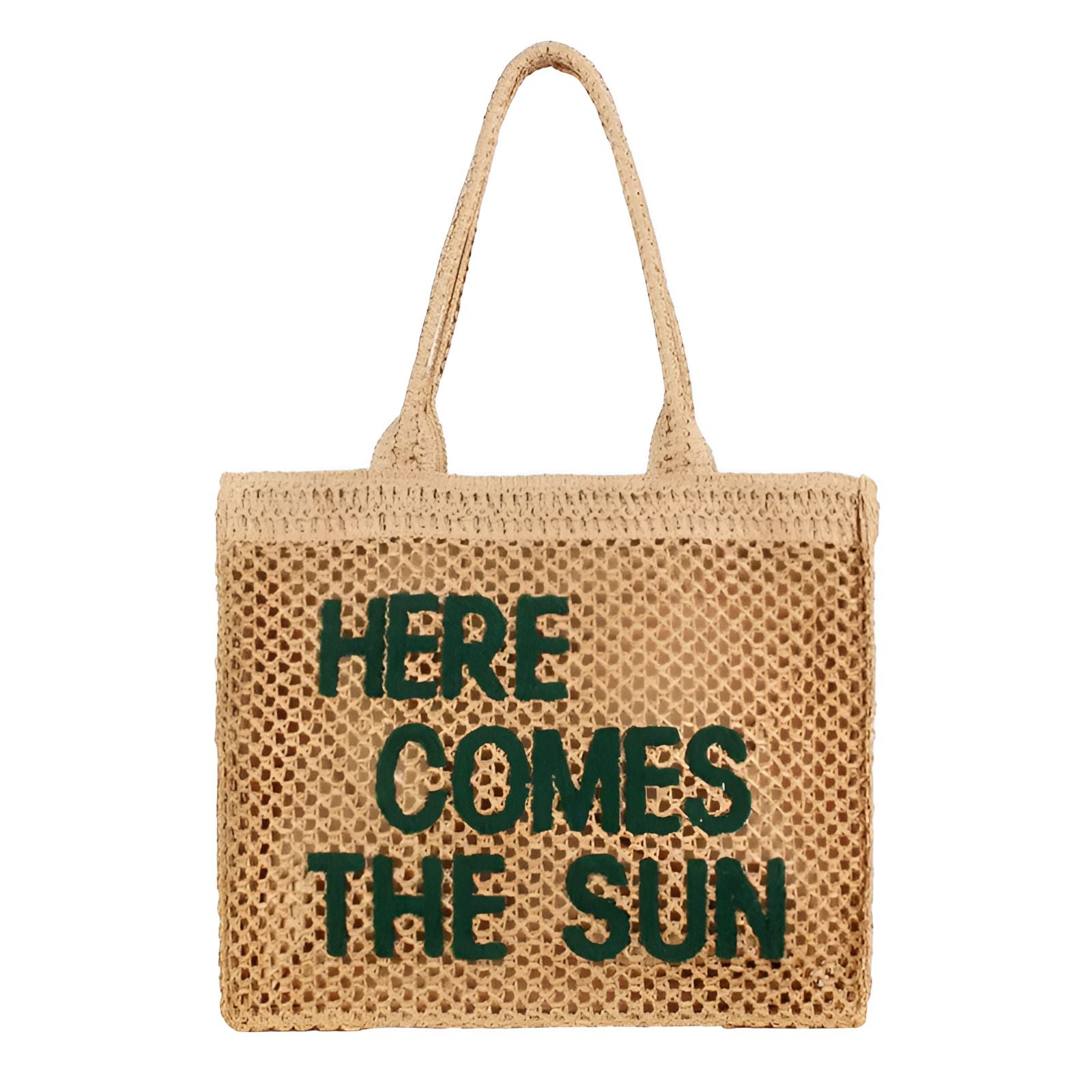 Un sac en filet beige avec une inscription "Here comes the sun" en vert.