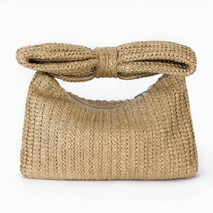 Sac à main beige en paille tressée avec gros nœud décoratif, 46194021794016