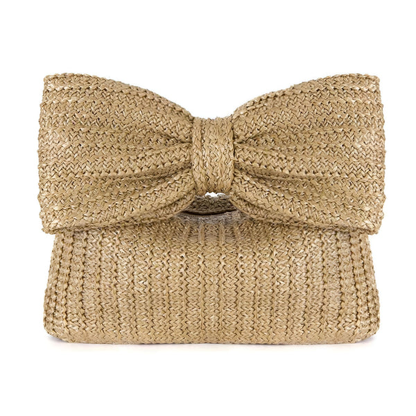 Pochette en paille beige avec nœud papillon sur le rabat, 46194021794016
